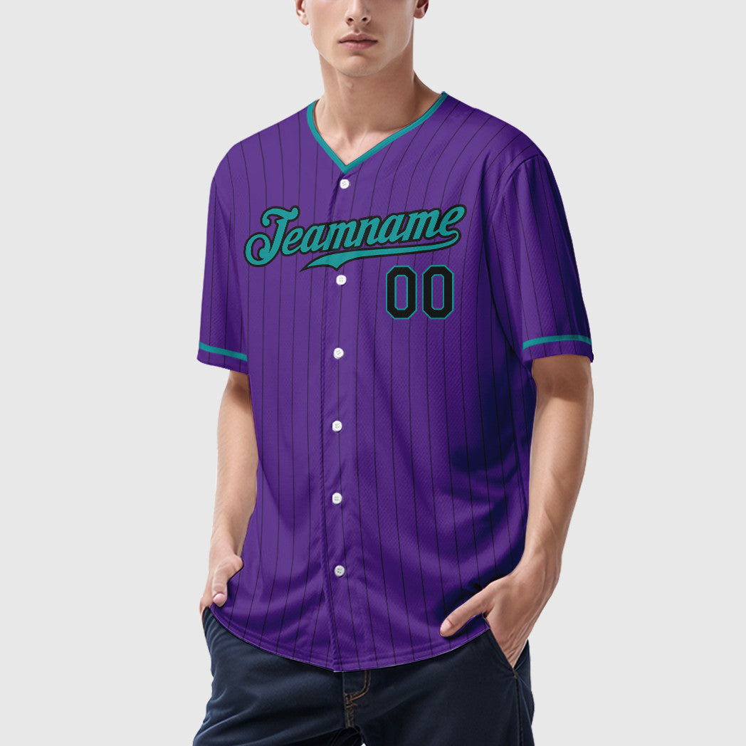 Custom Purple Black Teal Pinstripe Baseball Jersey