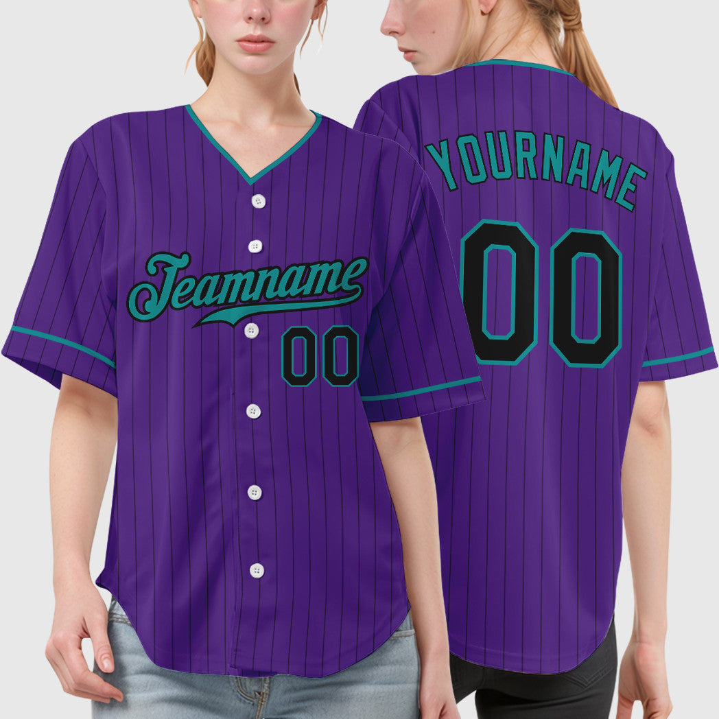 Custom Purple Black Teal Pinstripe Baseball Jersey