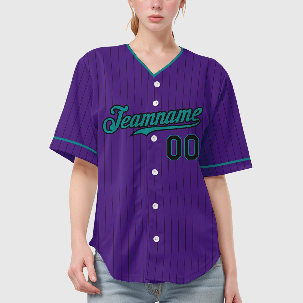 Custom Purple Black Teal Pinstripe Baseball Jersey