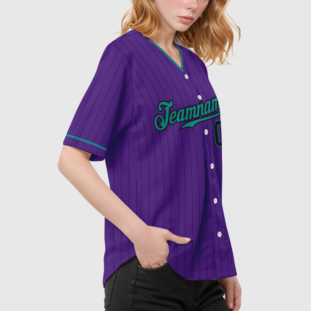 Custom Purple Black Teal Pinstripe Baseball Jersey