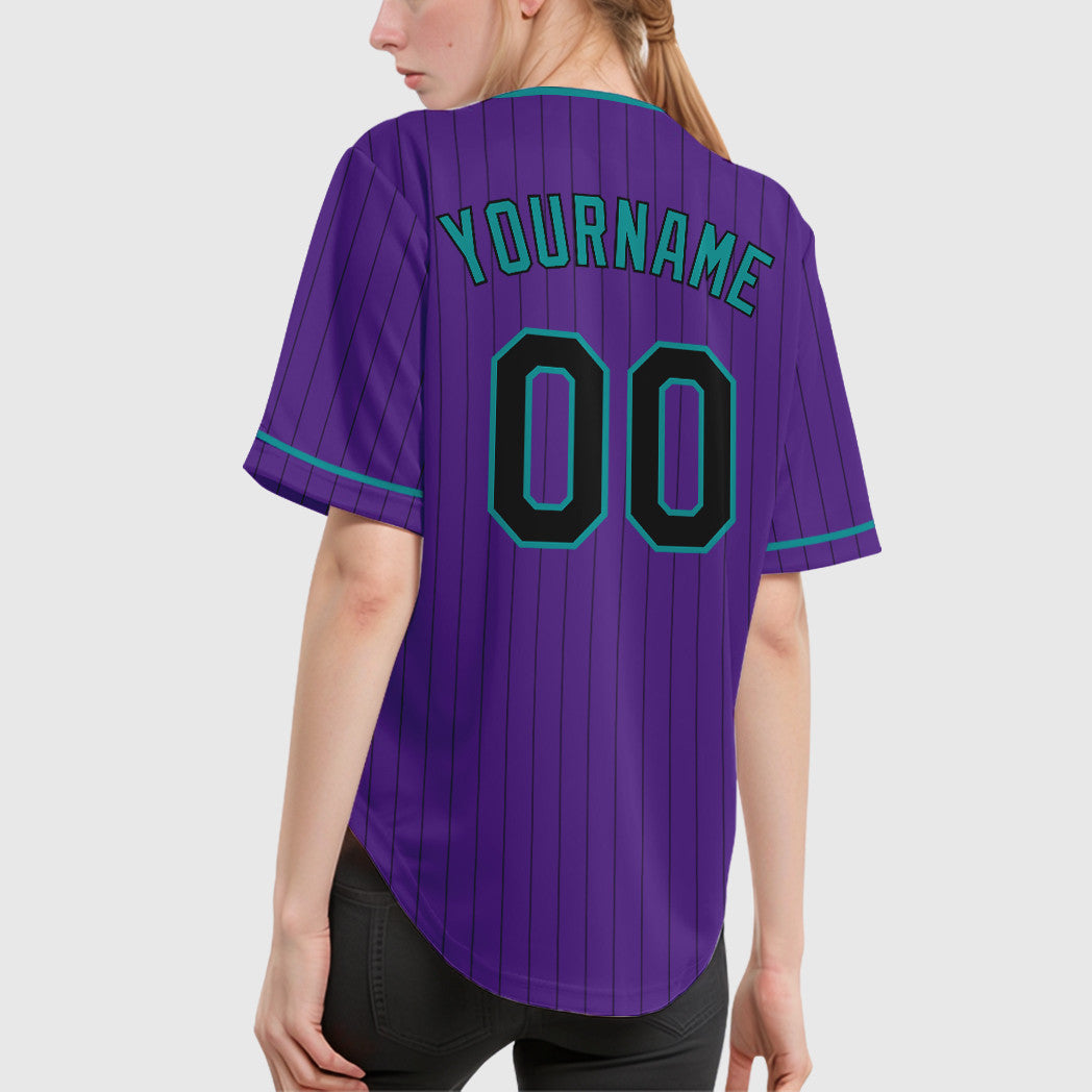 Custom Purple Black Teal Pinstripe Baseball Jersey
