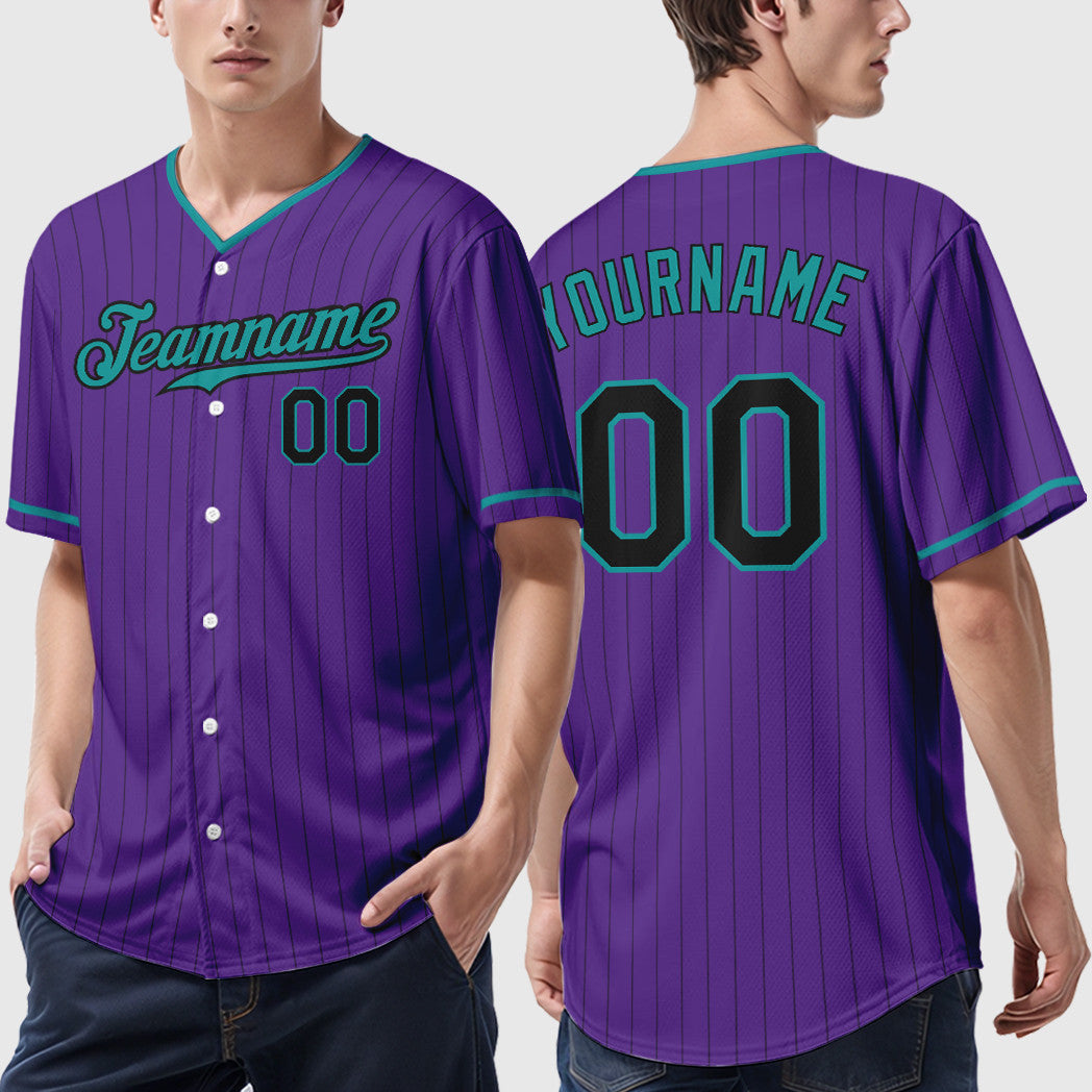 Custom Purple Black Teal Pinstripe Baseball Jersey