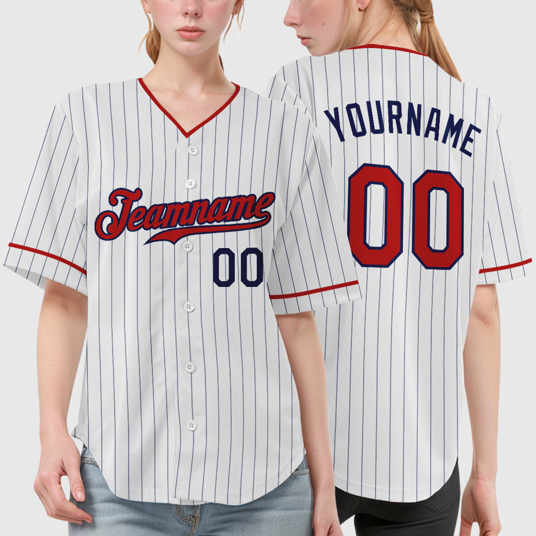 Custom White Navy Red Pinstripe Baseball Jersey