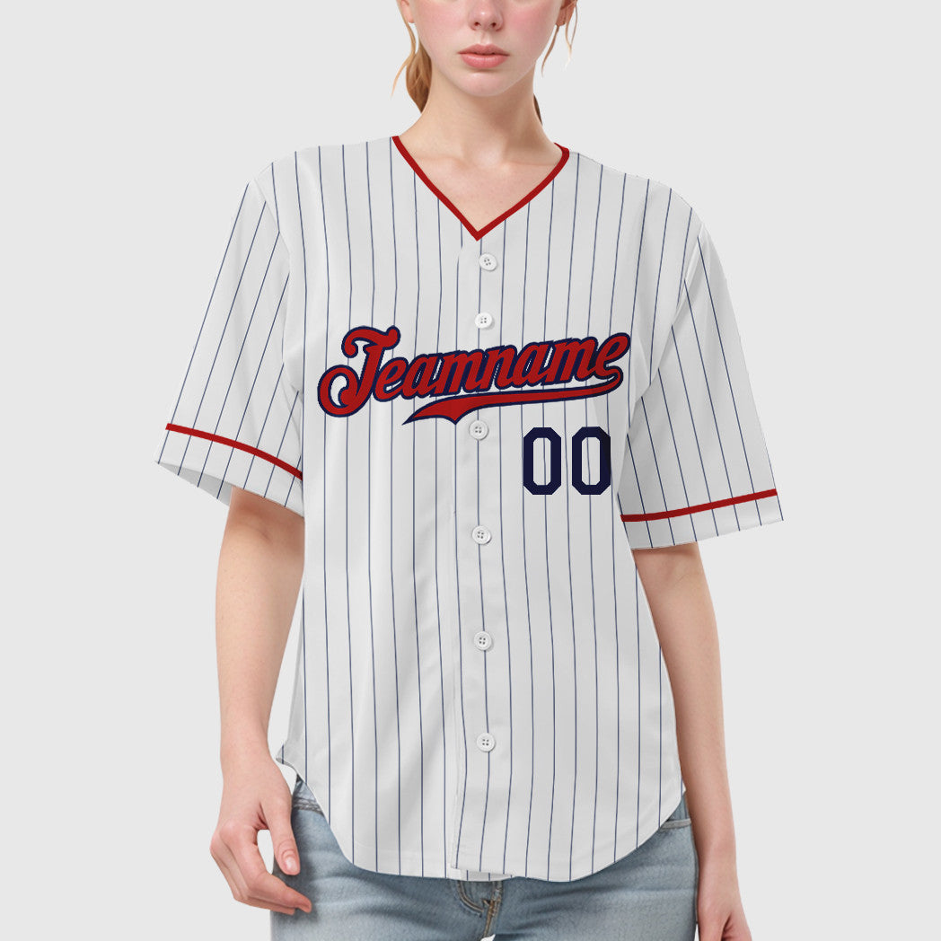 Custom White Navy Red Pinstripe Baseball Jersey