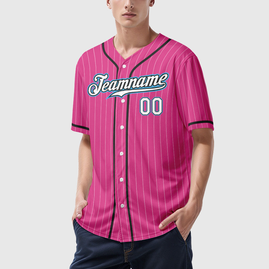 Custom Pink White Sky Blue Piping Pinstripe Baseball Jersey