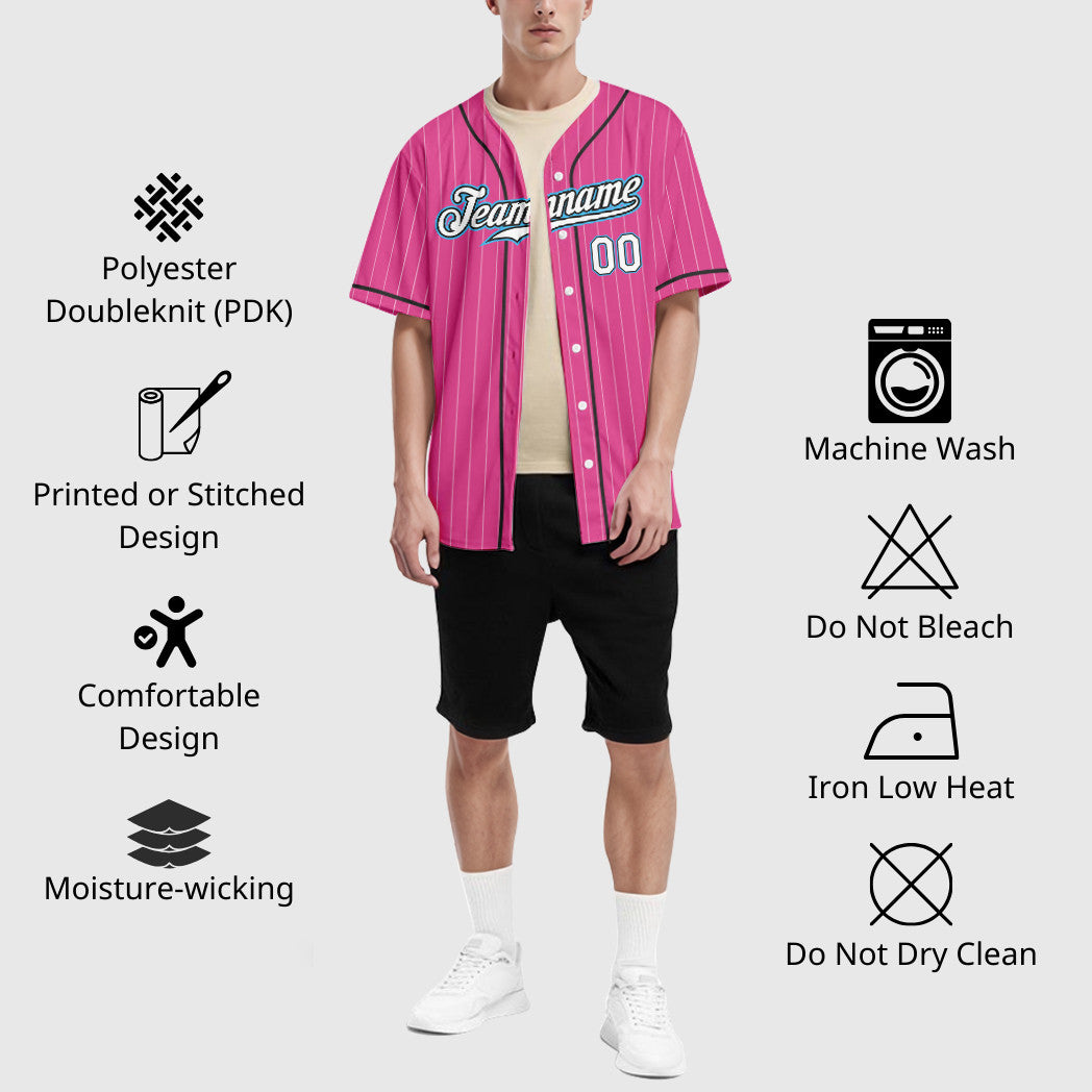 Custom Pink White Sky Blue Piping Pinstripe Baseball Jersey