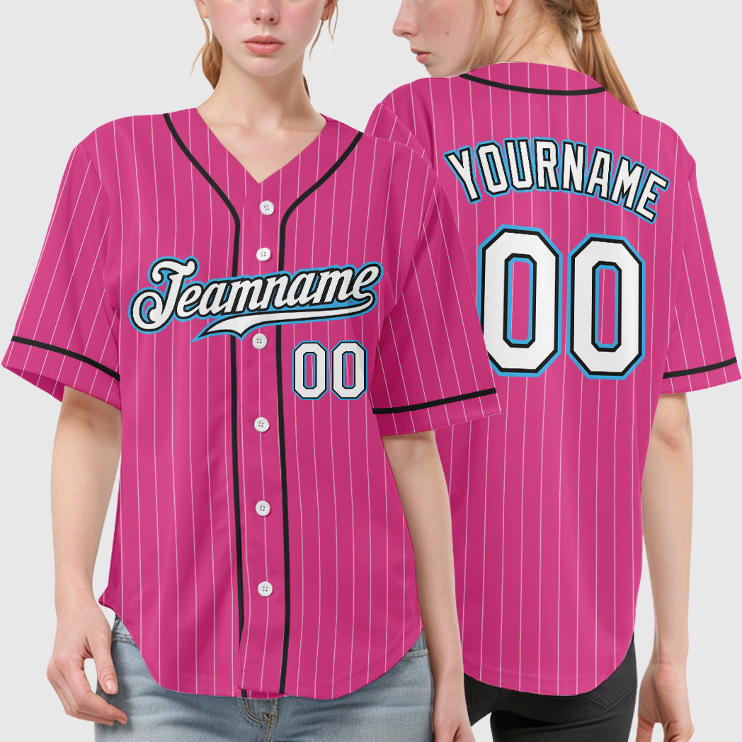 Custom Pink White Sky Blue Piping Pinstripe Baseball Jersey