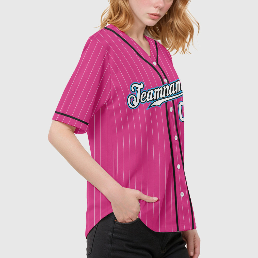 Custom Pink White Sky Blue Piping Pinstripe Baseball Jersey
