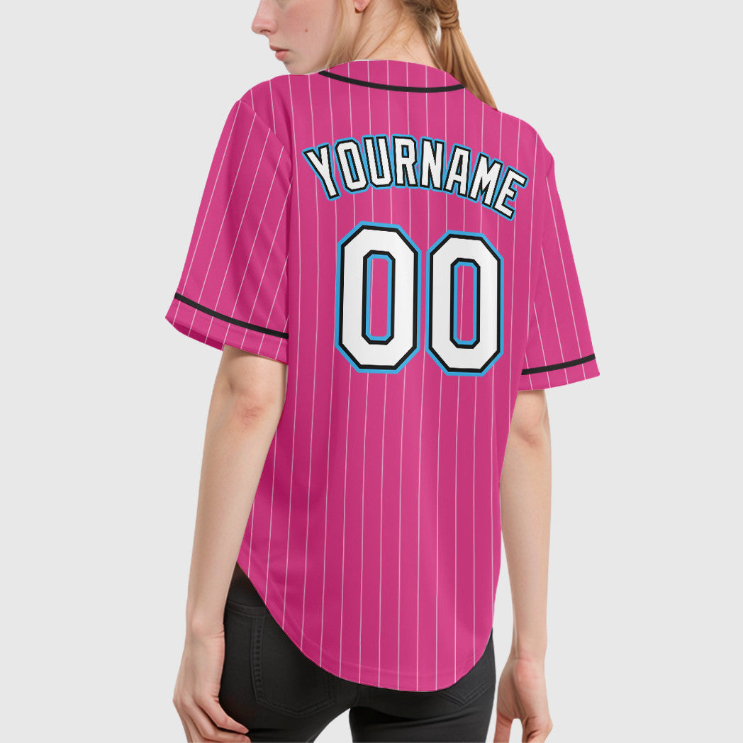 Custom Pink White Sky Blue Piping Pinstripe Baseball Jersey