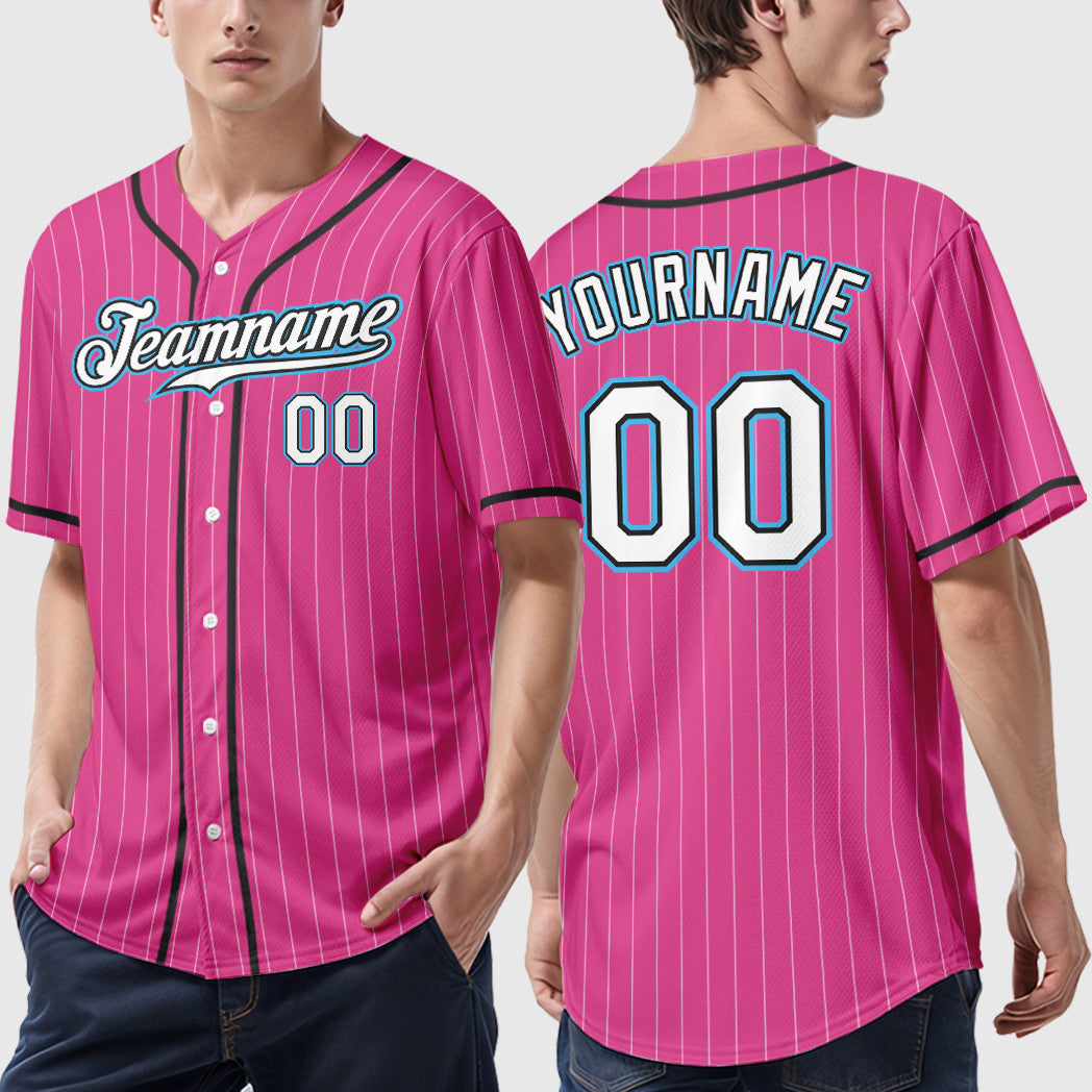Custom Pink White Sky Blue Piping Pinstripe Baseball Jersey