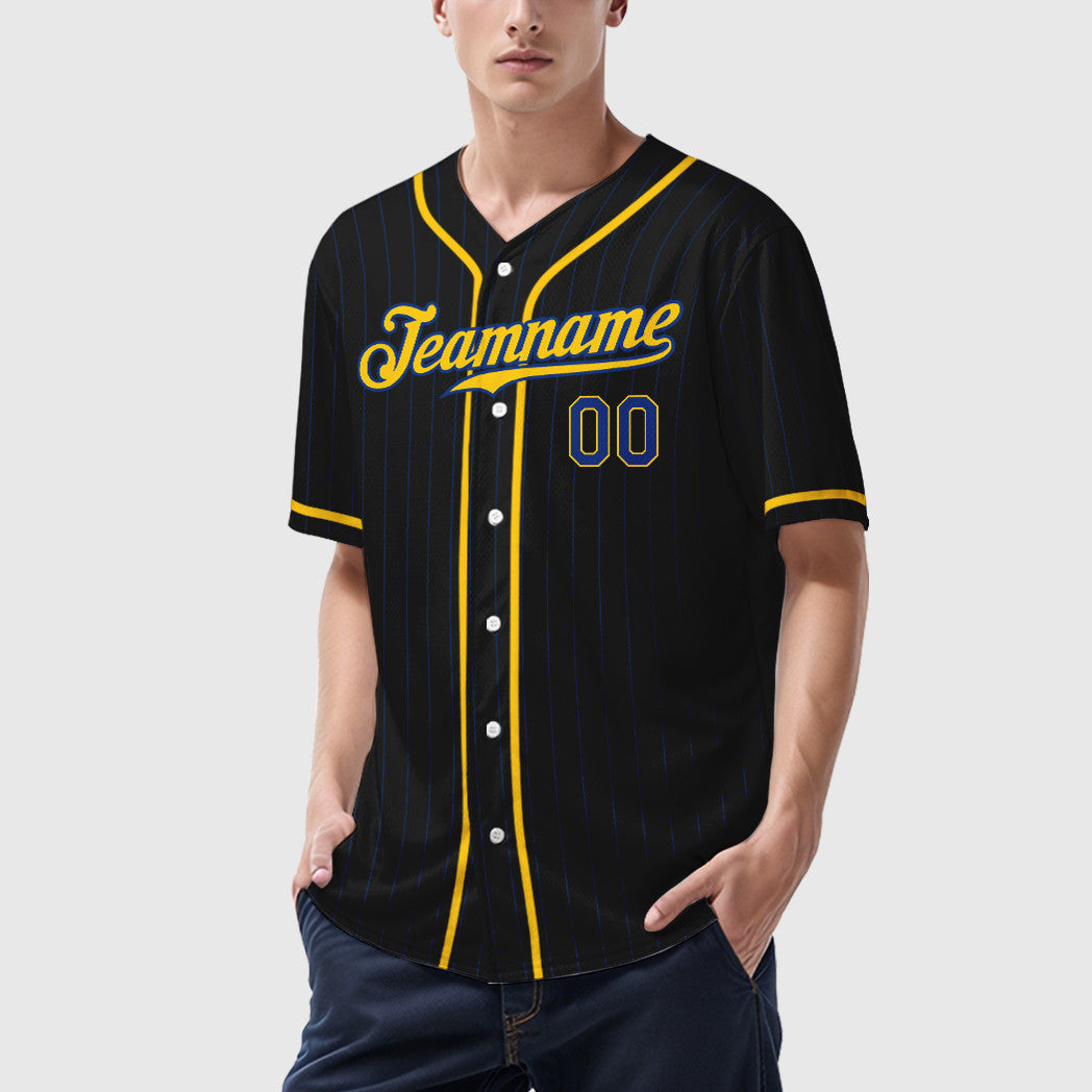 Custom Black Royal Royal-Yellow Piping Pinstripe Baseball Jersey