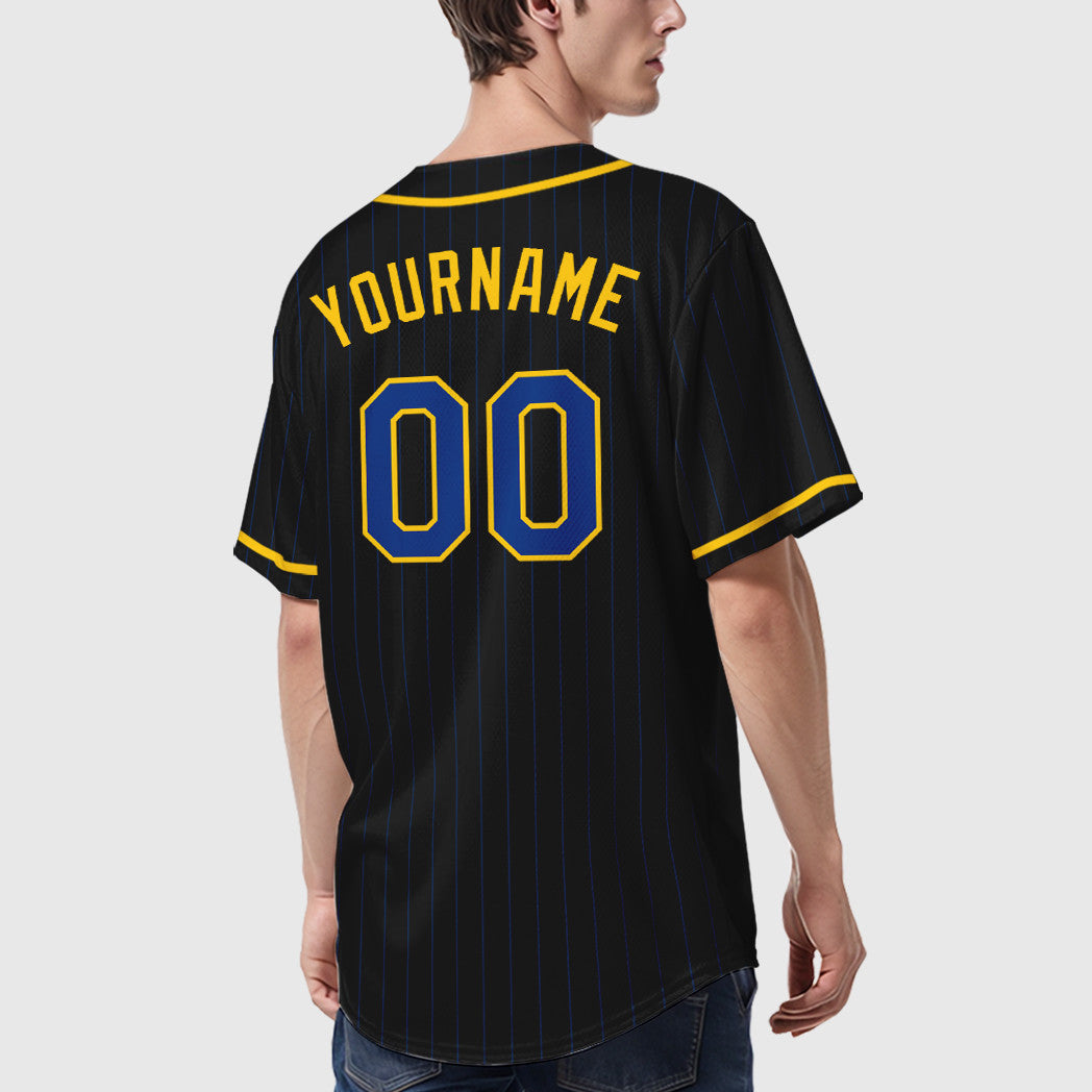 Custom Black Royal Royal-Yellow Piping Pinstripe Baseball Jersey