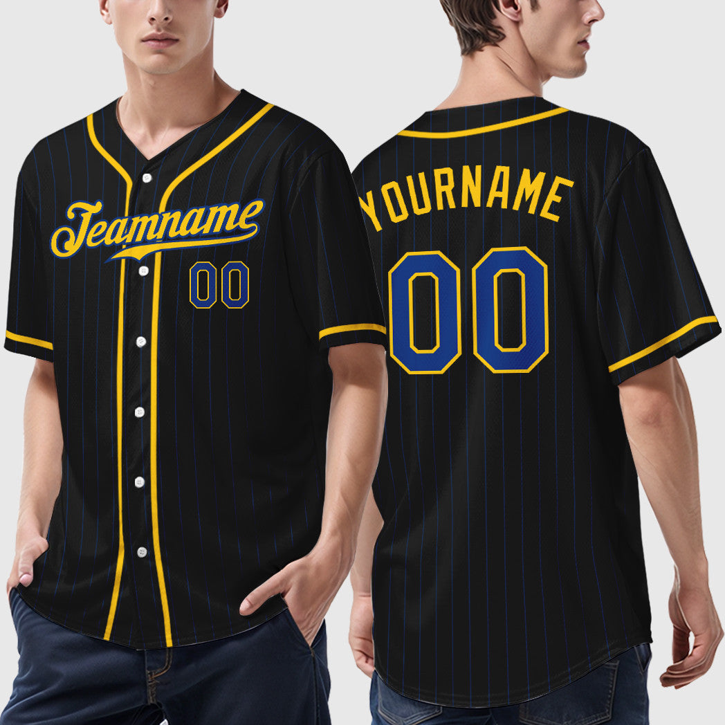 Custom Black Royal Royal-Yellow Piping Pinstripe Baseball Jersey