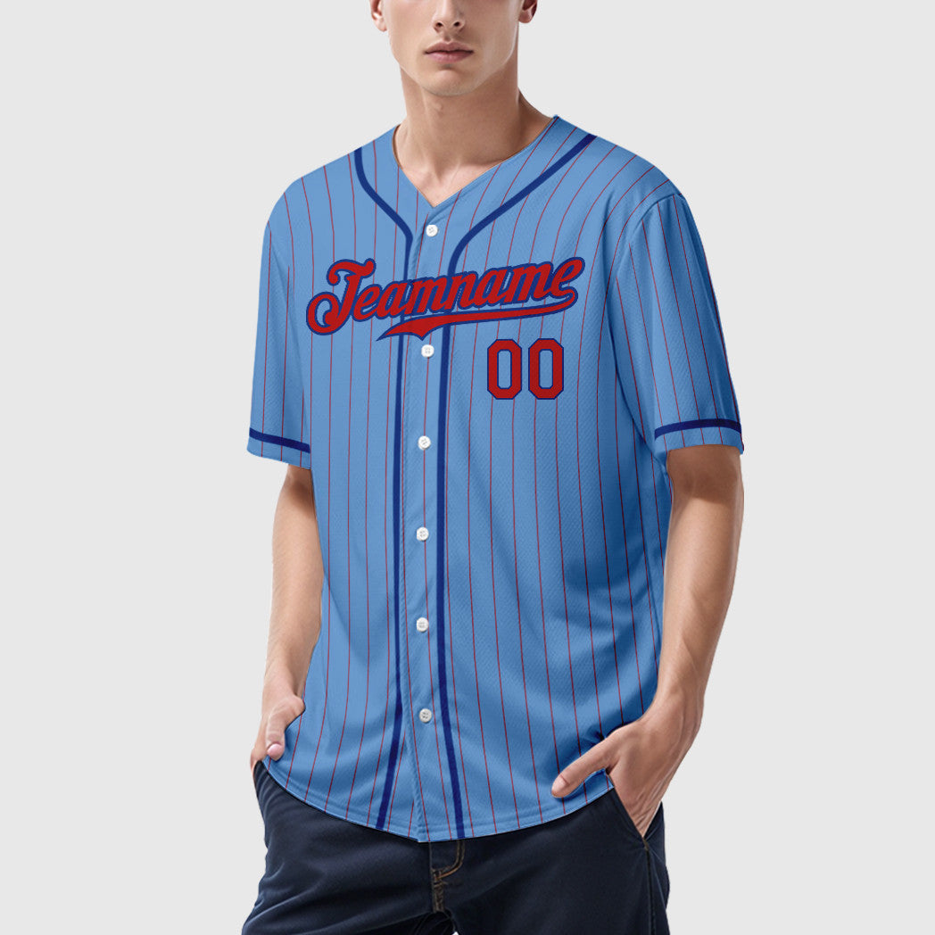 Custom Light Blue Red Royal Piping Pinstripe Baseball Jersey