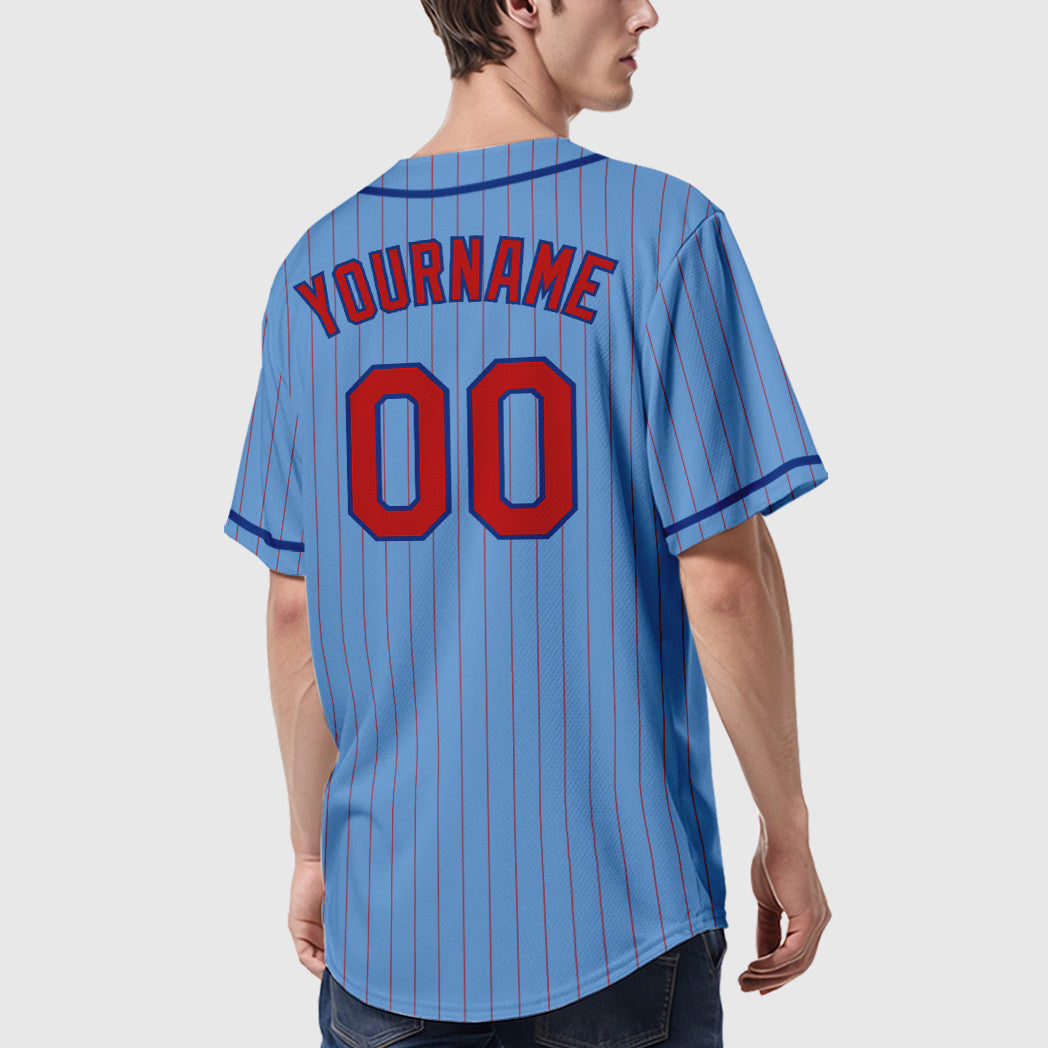 Custom Light Blue Red Royal Piping Pinstripe Baseball Jersey