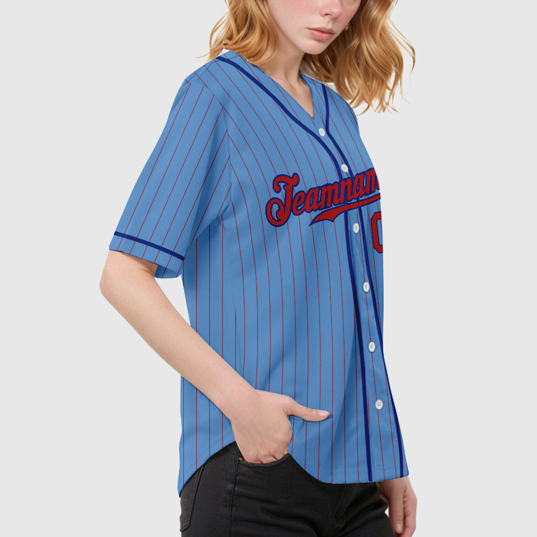 Custom Light Blue Red Royal Piping Pinstripe Baseball Jersey