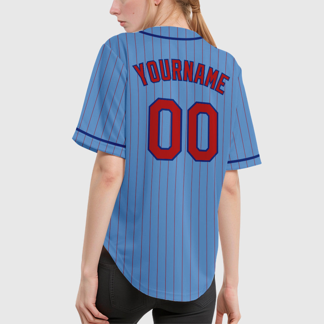 Custom Light Blue Red Royal Piping Pinstripe Baseball Jersey