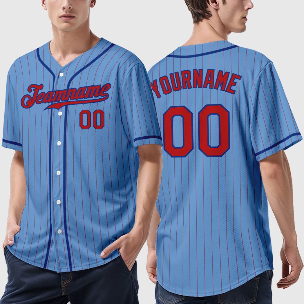 Custom Light Blue Red Royal Piping Pinstripe Baseball Jersey