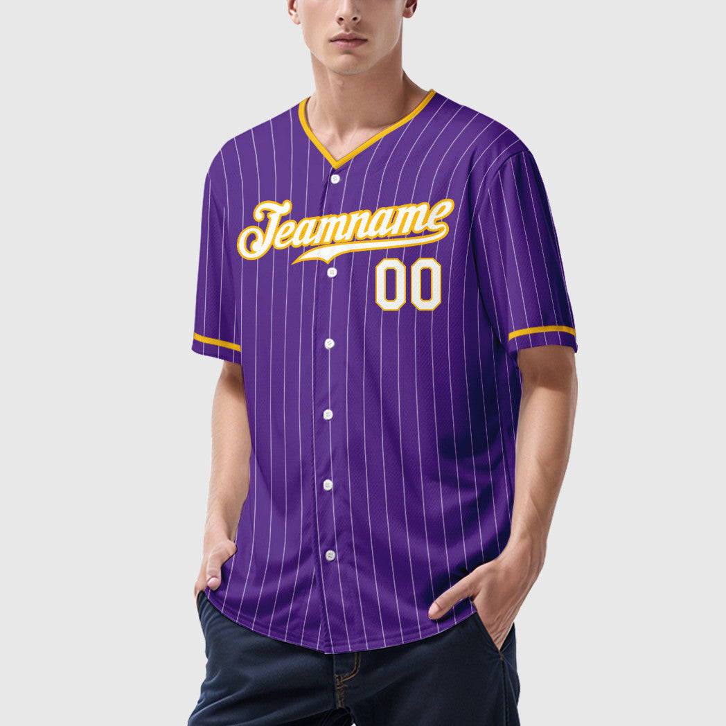 Custom Purple White Gold Pinstripe Baseball Jersey