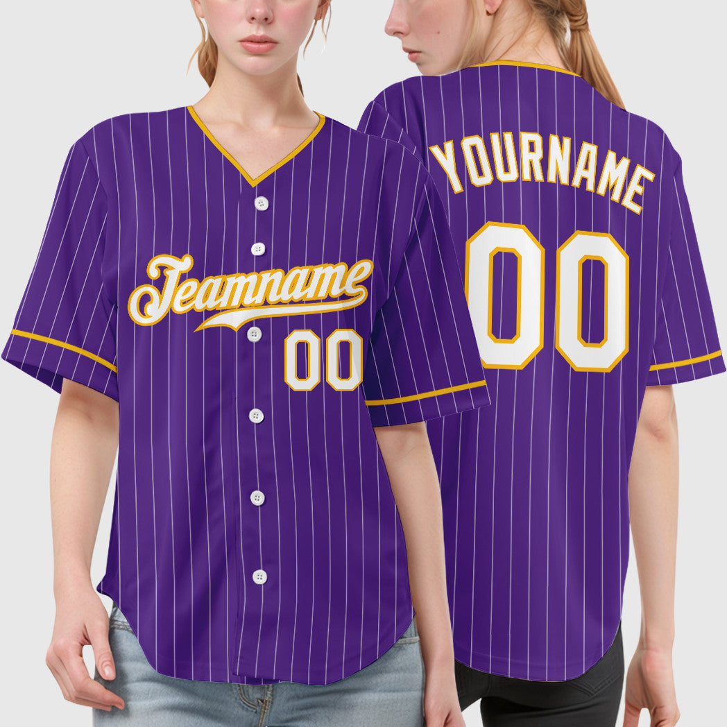 Custom Purple White Gold Pinstripe Baseball Jersey