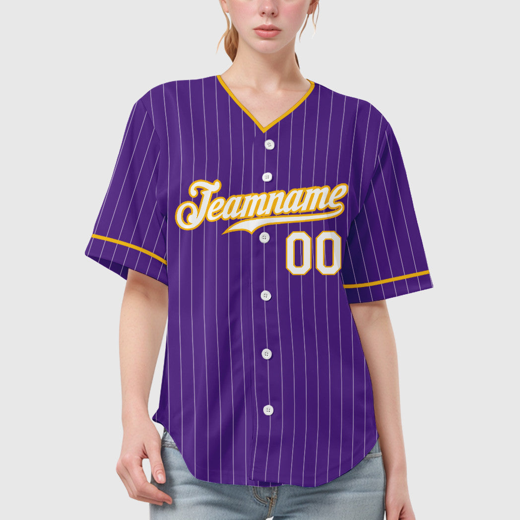 Custom Purple White Gold Pinstripe Baseball Jersey