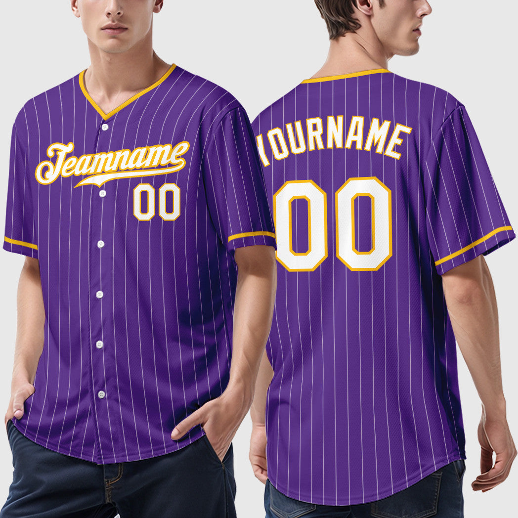 Custom Purple White Gold Pinstripe Baseball Jersey
