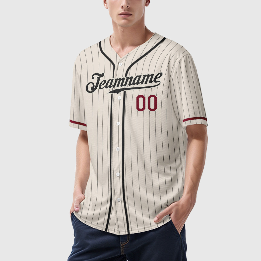 Custom Cream Black Crimson Piping Pinstripe Baseball Jersey