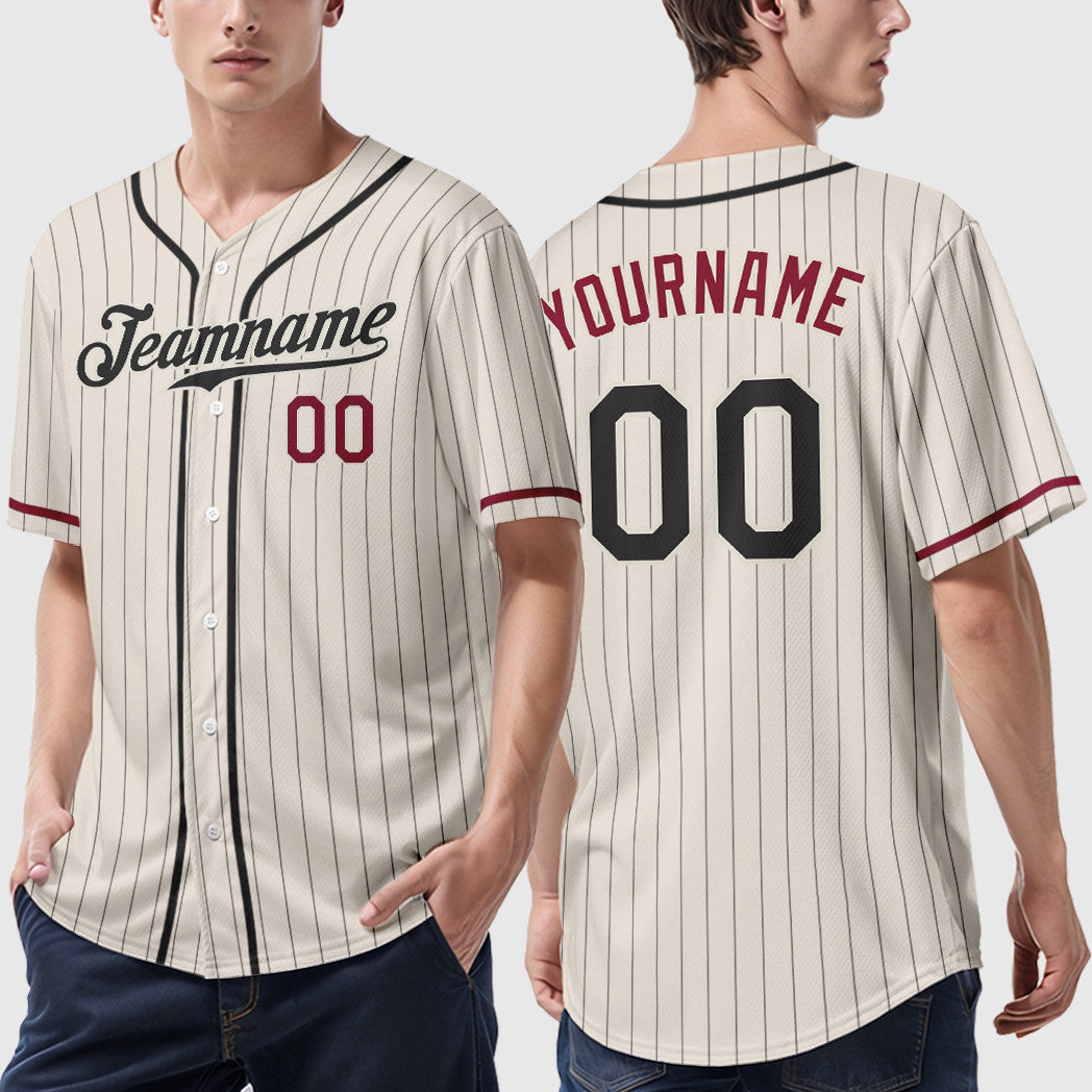 Custom Cream Black Crimson Piping Pinstripe Baseball Jersey