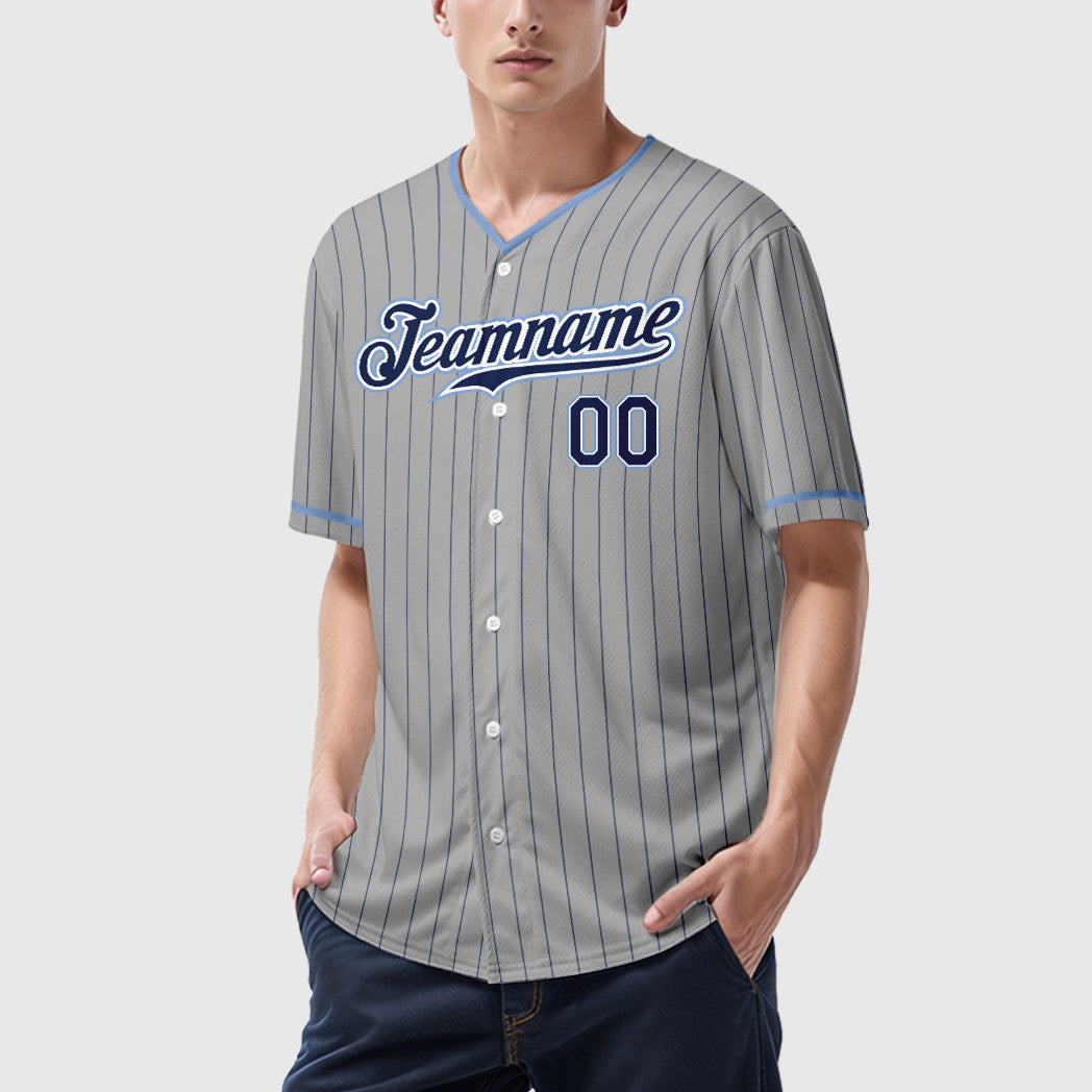 Custom Gray Navy Navy-Light Blue Pinstripe Baseball Jersey