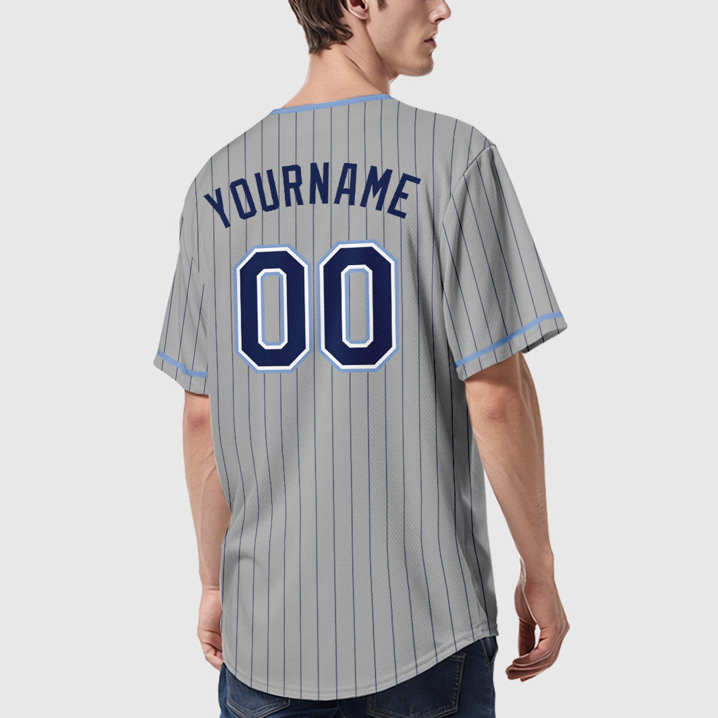 Custom Gray Navy Navy-Light Blue Pinstripe Baseball Jersey