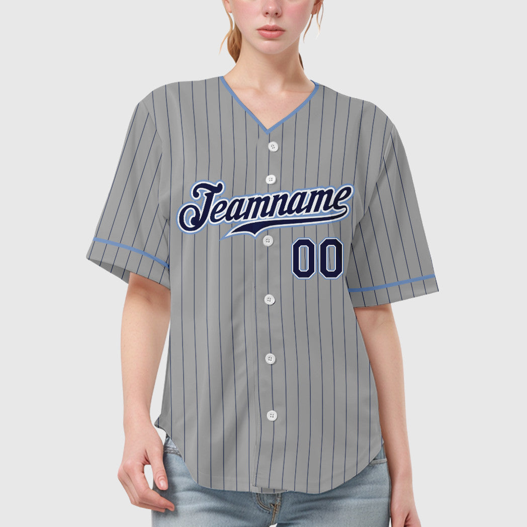 Custom Gray Navy Navy-Light Blue Pinstripe Baseball Jersey