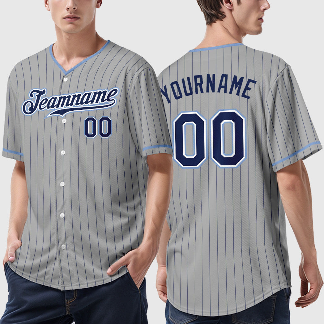 Custom Gray Navy Navy-Light Blue Pinstripe Baseball Jersey