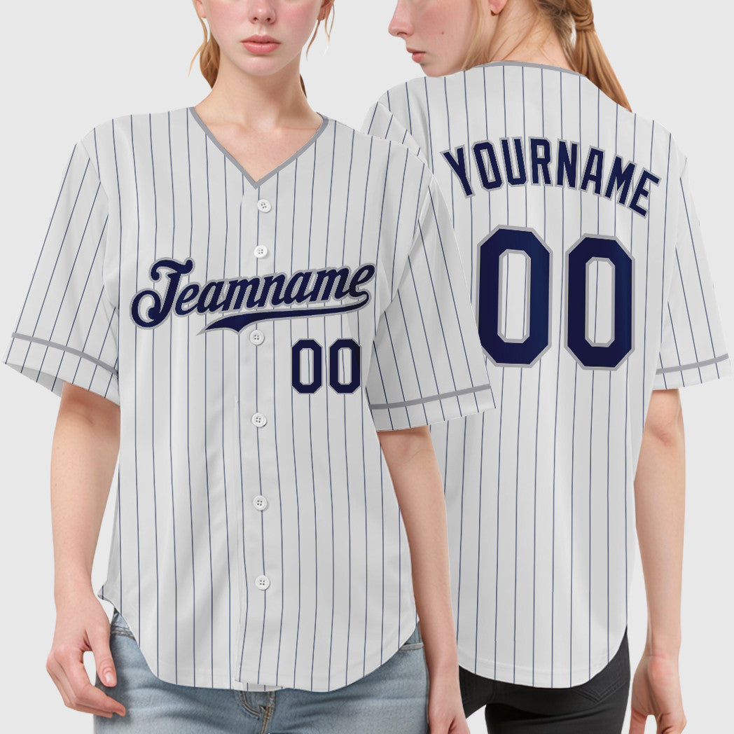 Custom White Navy Navy-Gray Pinstripe Baseball Jersey