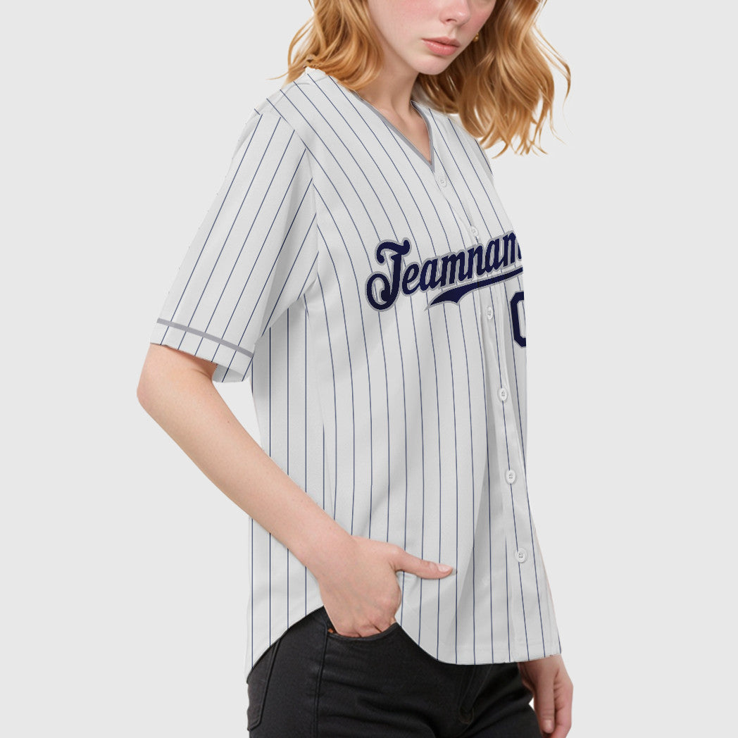 Custom White Navy Navy-Gray Pinstripe Baseball Jersey