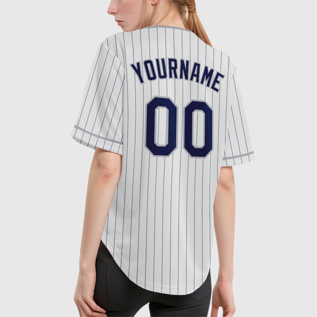 Custom White Navy Navy-Gray Pinstripe Baseball Jersey