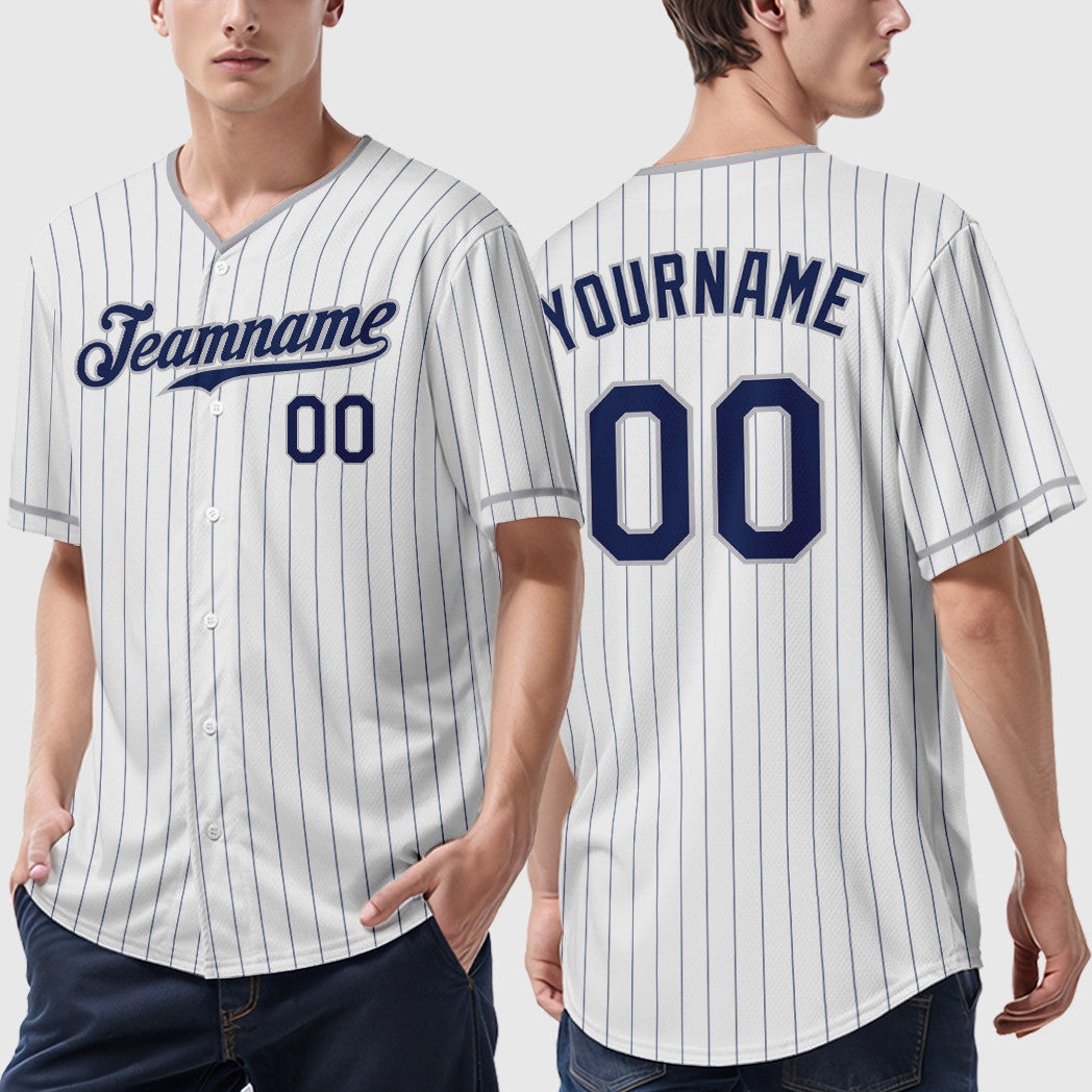 Custom White Navy Navy-Gray Pinstripe Baseball Jersey