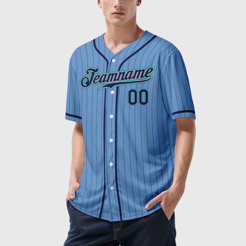 Custom Light Blue Navy Navy-Teal Piping Pinstripe Baseball Jersey