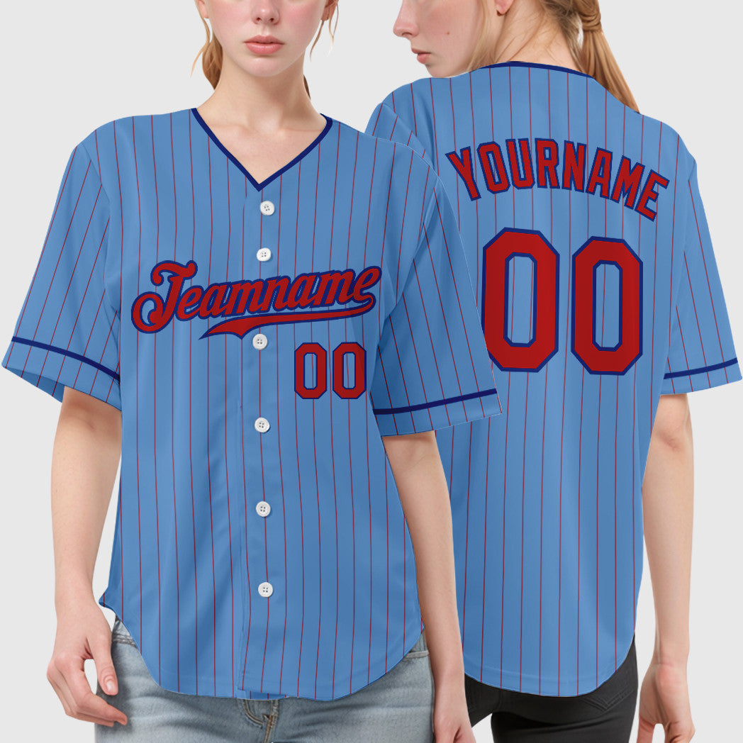 Custom Light Blue Red Royal Pinstripe Baseball Jersey