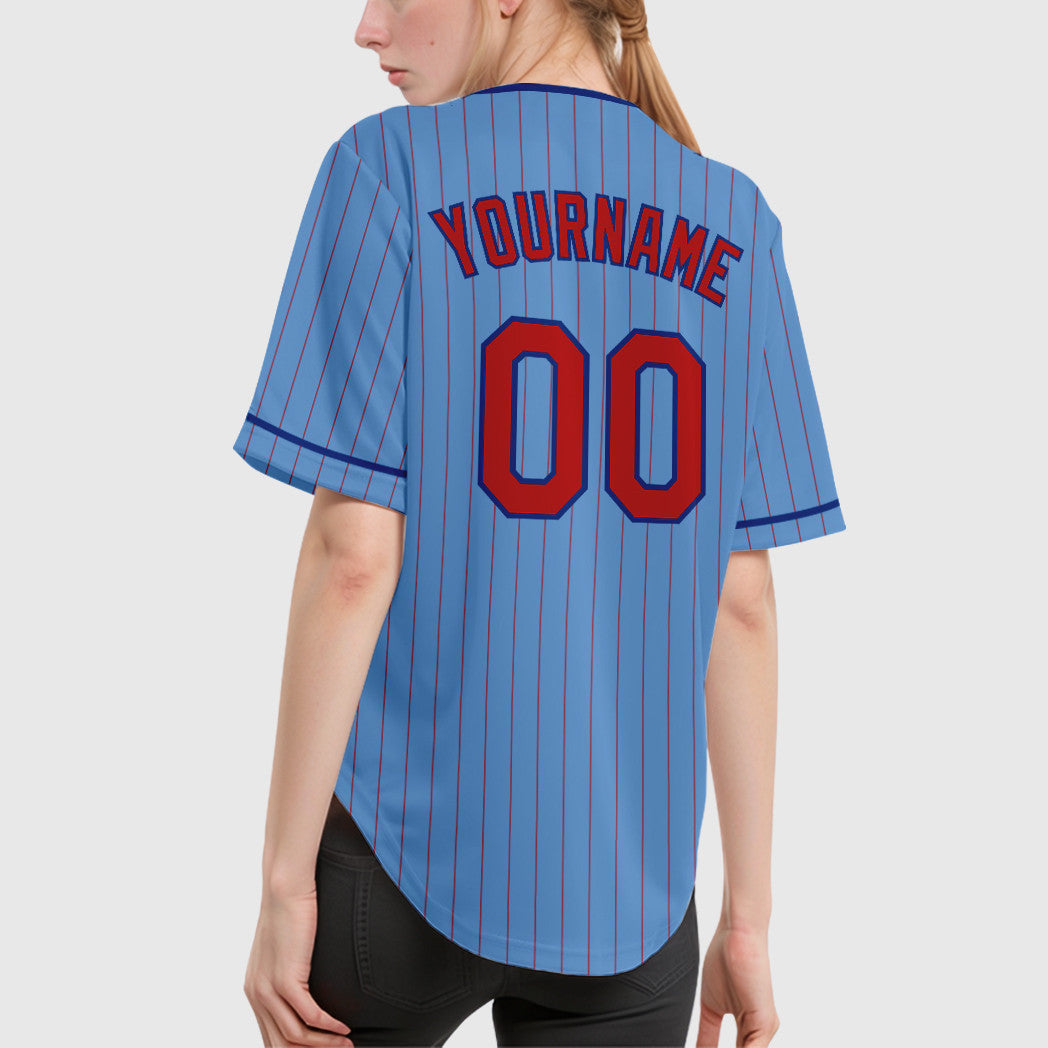 Custom Light Blue Red Royal Pinstripe Baseball Jersey