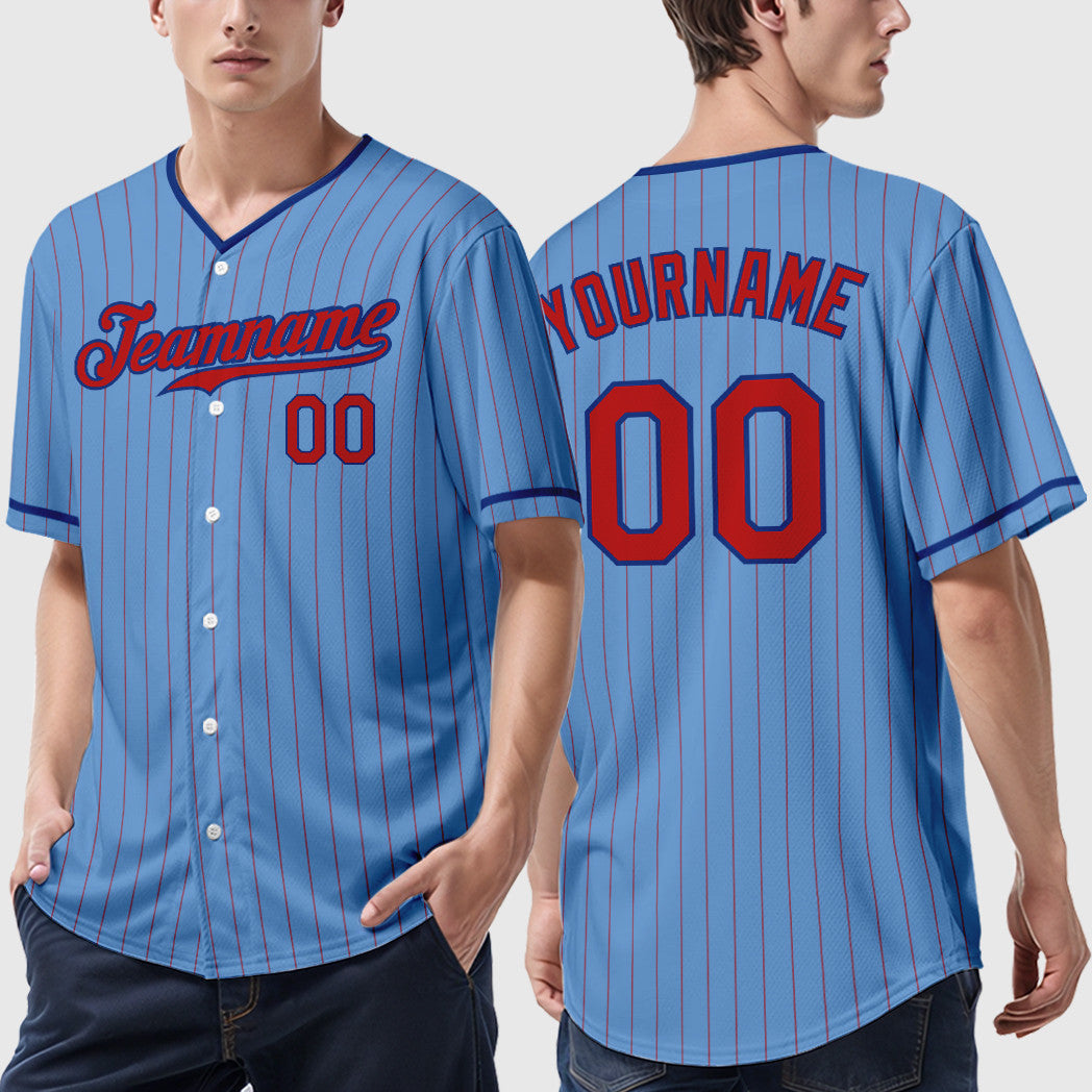 Custom Light Blue Red Royal Pinstripe Baseball Jersey