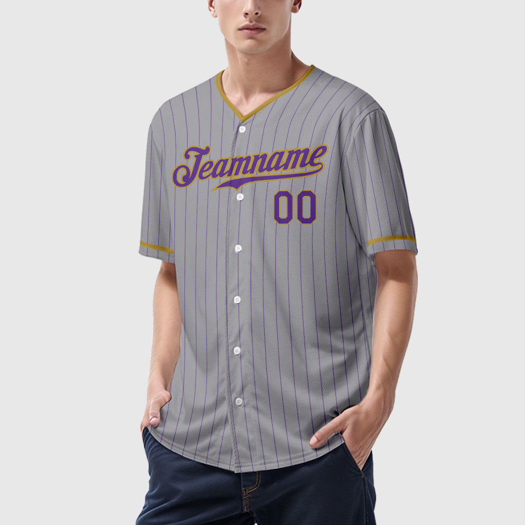 Custom Gray Purple Old Gold Pinstripe Baseball Jersey