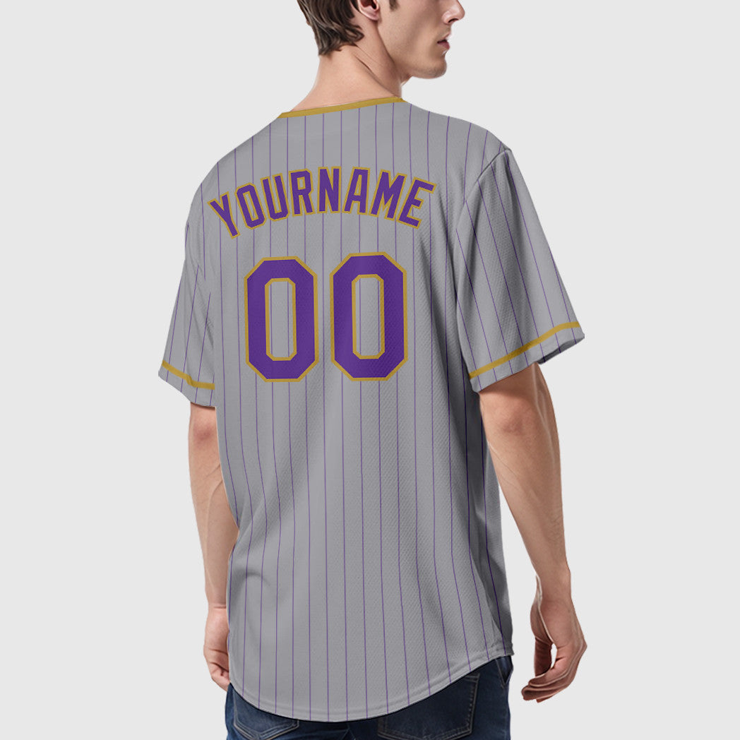 Custom Gray Purple Old Gold Pinstripe Baseball Jersey