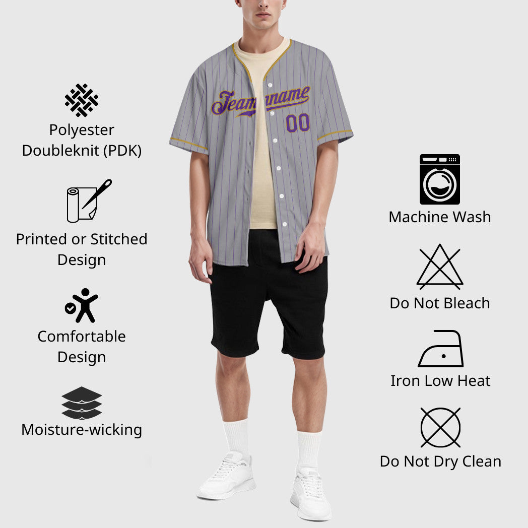 Custom Gray Purple Old Gold Pinstripe Baseball Jersey