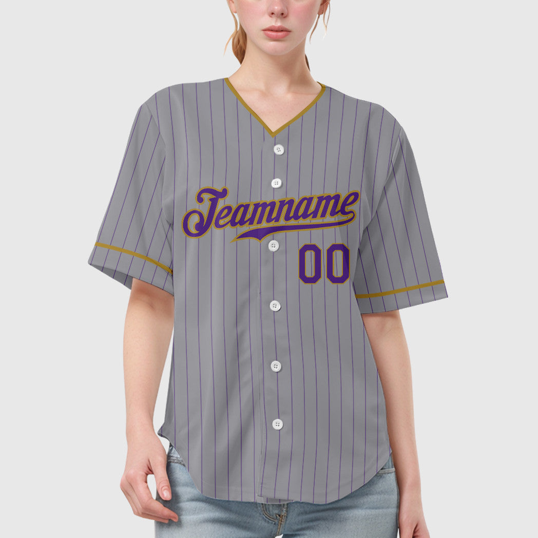Custom Gray Purple Old Gold Pinstripe Baseball Jersey