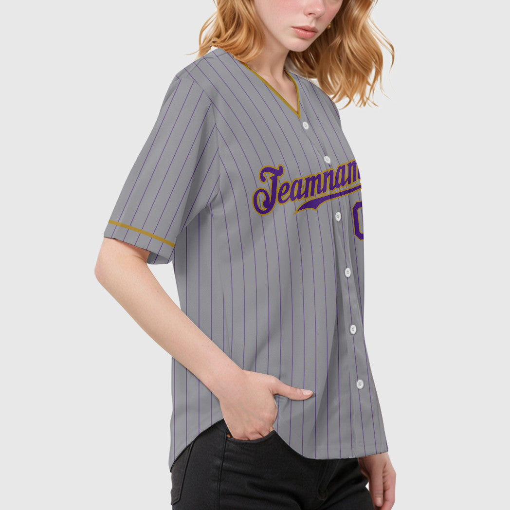 Custom Gray Purple Old Gold Pinstripe Baseball Jersey
