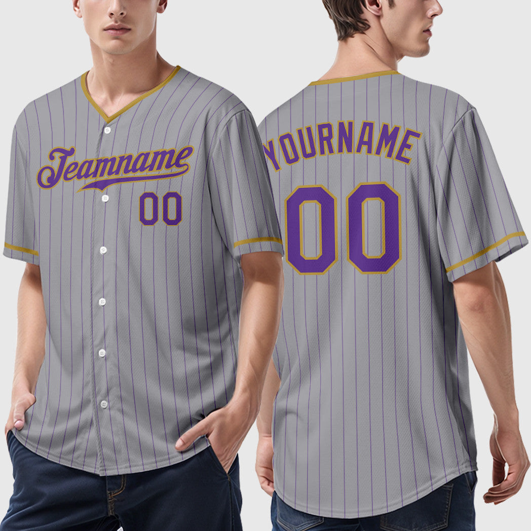 Custom Gray Purple Old Gold Pinstripe Baseball Jersey