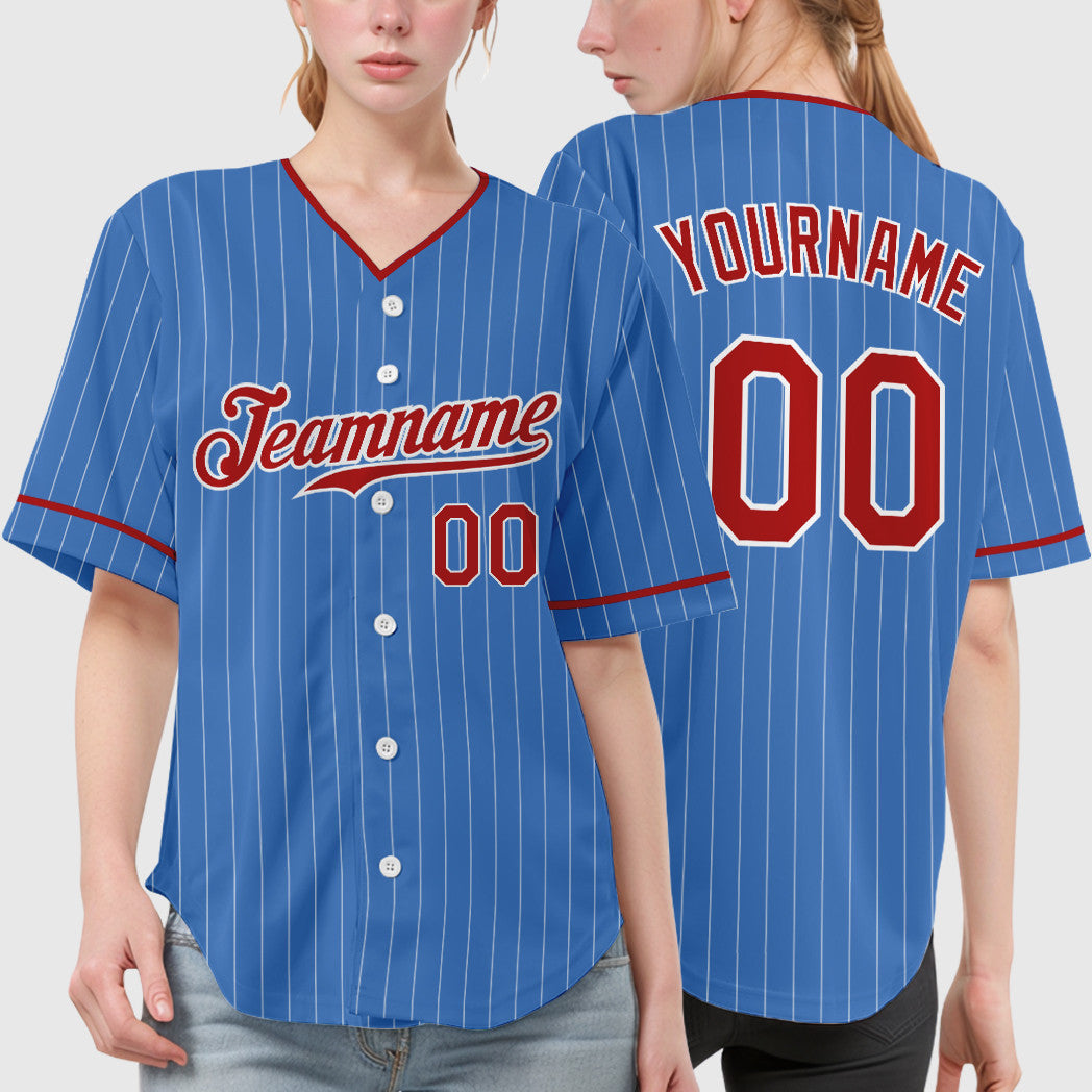 Custom Powder Blue White Red Pinstripe Baseball Jersey