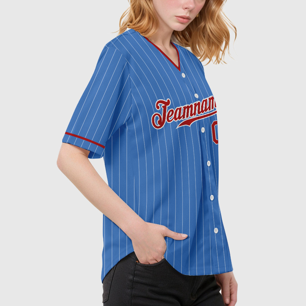 Custom Powder Blue White Red Pinstripe Baseball Jersey