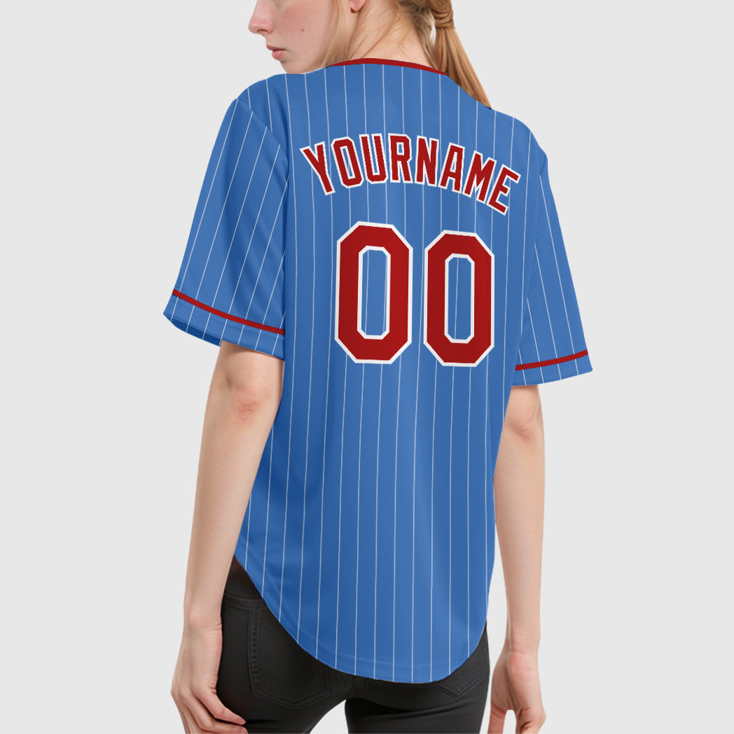 Custom Powder Blue White Red Pinstripe Baseball Jersey