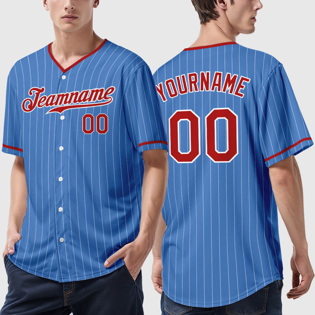 Custom Powder Blue White Red Pinstripe Baseball Jersey